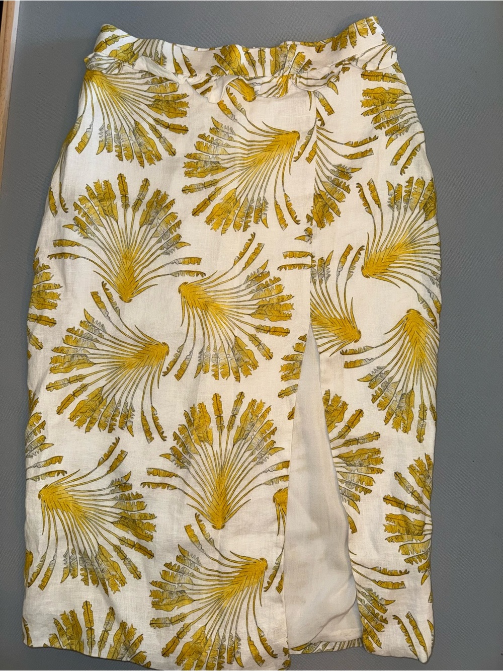 Azulu Colombia Linen/ Rayon Blend Palm Tree Fan Print Slit Skirt High Waisted
